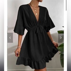 Solid Tie Front Ruffle Hem Cover Up Dress